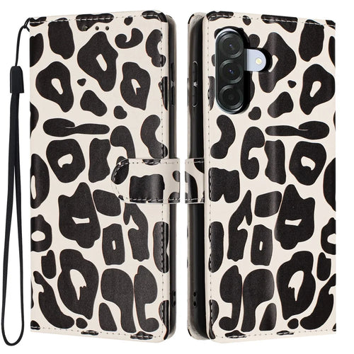For Samsung Galaxy A56 5G Case Leopard Print Wallet Stand Flip Leather Phone Cover with Wrist Strap - Black - 1