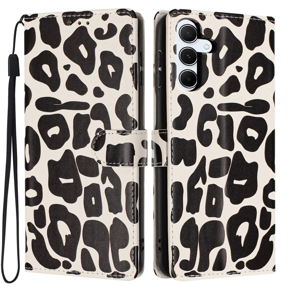 For Samsung Galaxy A35 5G Case Leopard Print Wallet Stand Flip Leather Phone Cover with Wrist Strap - Black - 1