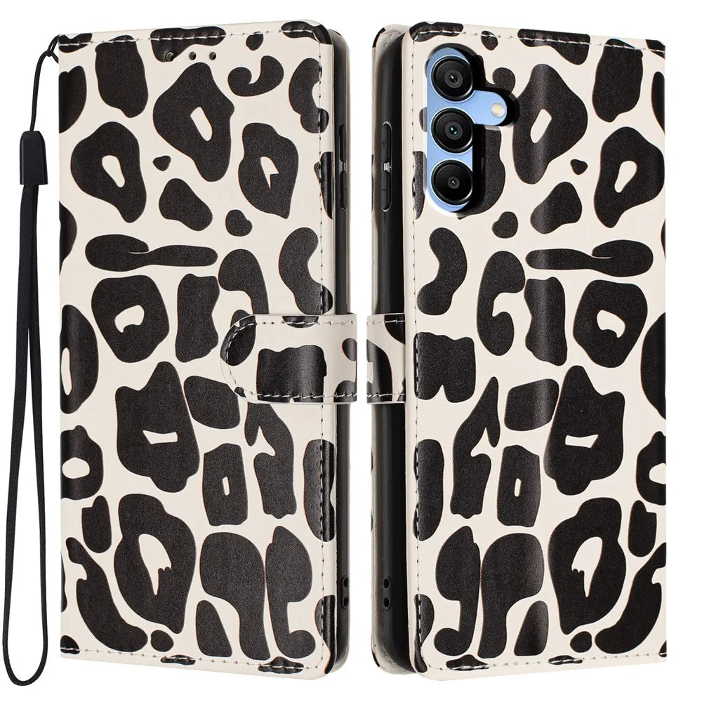 For Samsung Galaxy A15 5G  /  A15 4G Case Leopard Print Wallet Stand Flip Leather Phone Cover with Wrist Strap - Black - 1