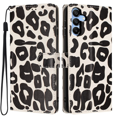 For Samsung Galaxy A15 5G  /  A15 4G Case Leopard Print Wallet Stand Flip Leather Phone Cover with Wrist Strap - Black - 1
