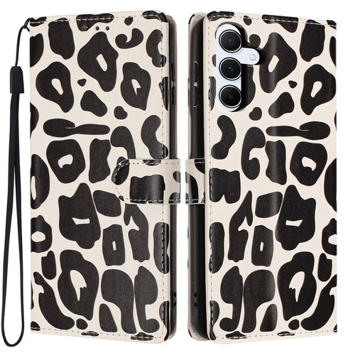 For Samsung Galaxy A25 5G (Global) (161mm) Case Leopard Print Wallet Stand Flip Leather Phone Cover with Wrist Strap - Black - 1
