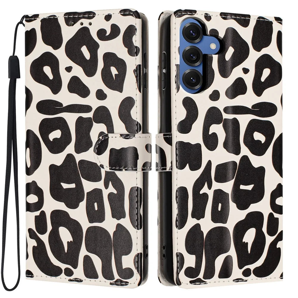 For Samsung Galaxy S26 Case Leopard Print Wallet Stand Flip Leather Phone Cover with Wrist Strap - Black - 1