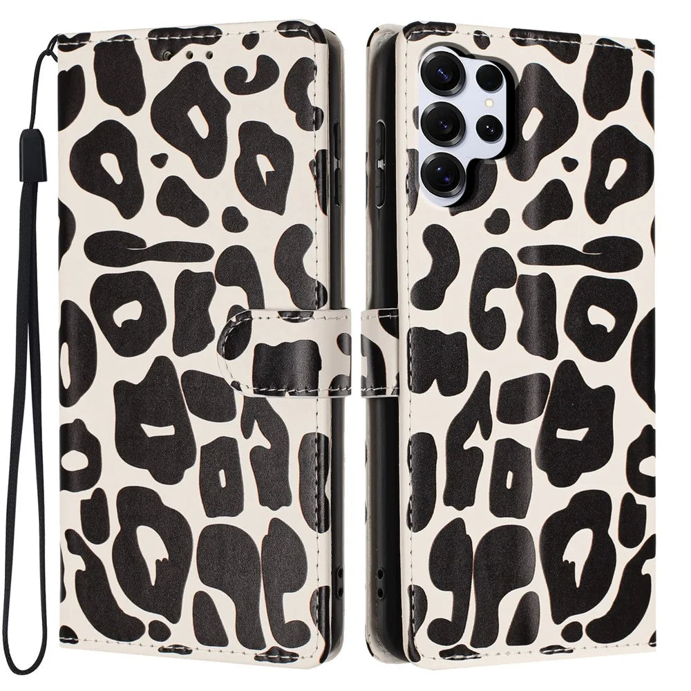 For Samsung Galaxy S26 Ultra Case Leopard Print Wallet Stand Flip Leather Phone Cover with Wrist Strap - Black - 1