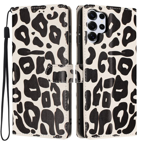 For Samsung Galaxy S26 Ultra Case Leopard Print Wallet Stand Flip Leather Phone Cover with Wrist Strap - Black - 1