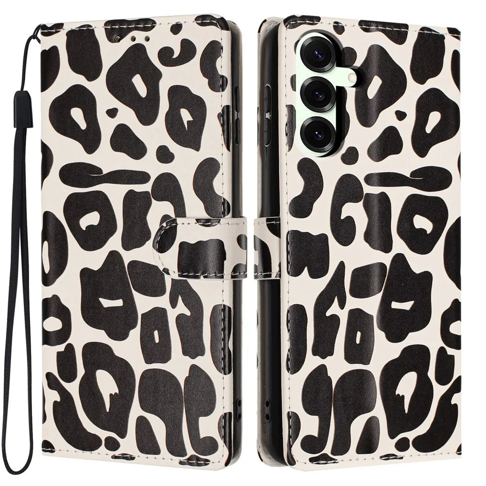 For Samsung Galaxy S25+ Case Leopard Print Wallet Stand Flip Leather Phone Cover with Wrist Strap - Black - 1