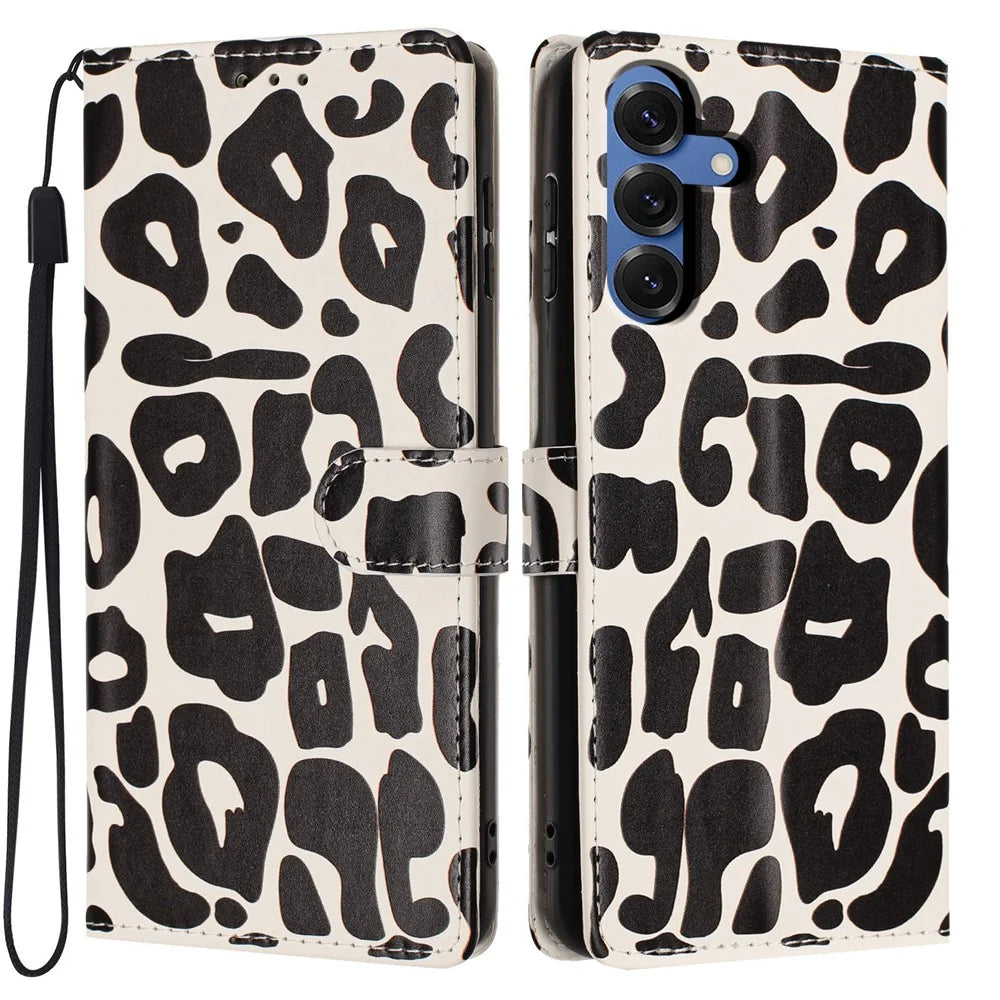 For Samsung Galaxy S25 Case Leopard Print Wallet Stand Flip Leather Phone Cover with Wrist Strap - Black - 1