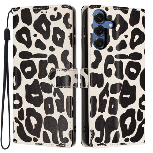 For Samsung Galaxy S25 Case Leopard Print Wallet Stand Flip Leather Phone Cover with Wrist Strap - Black - 1