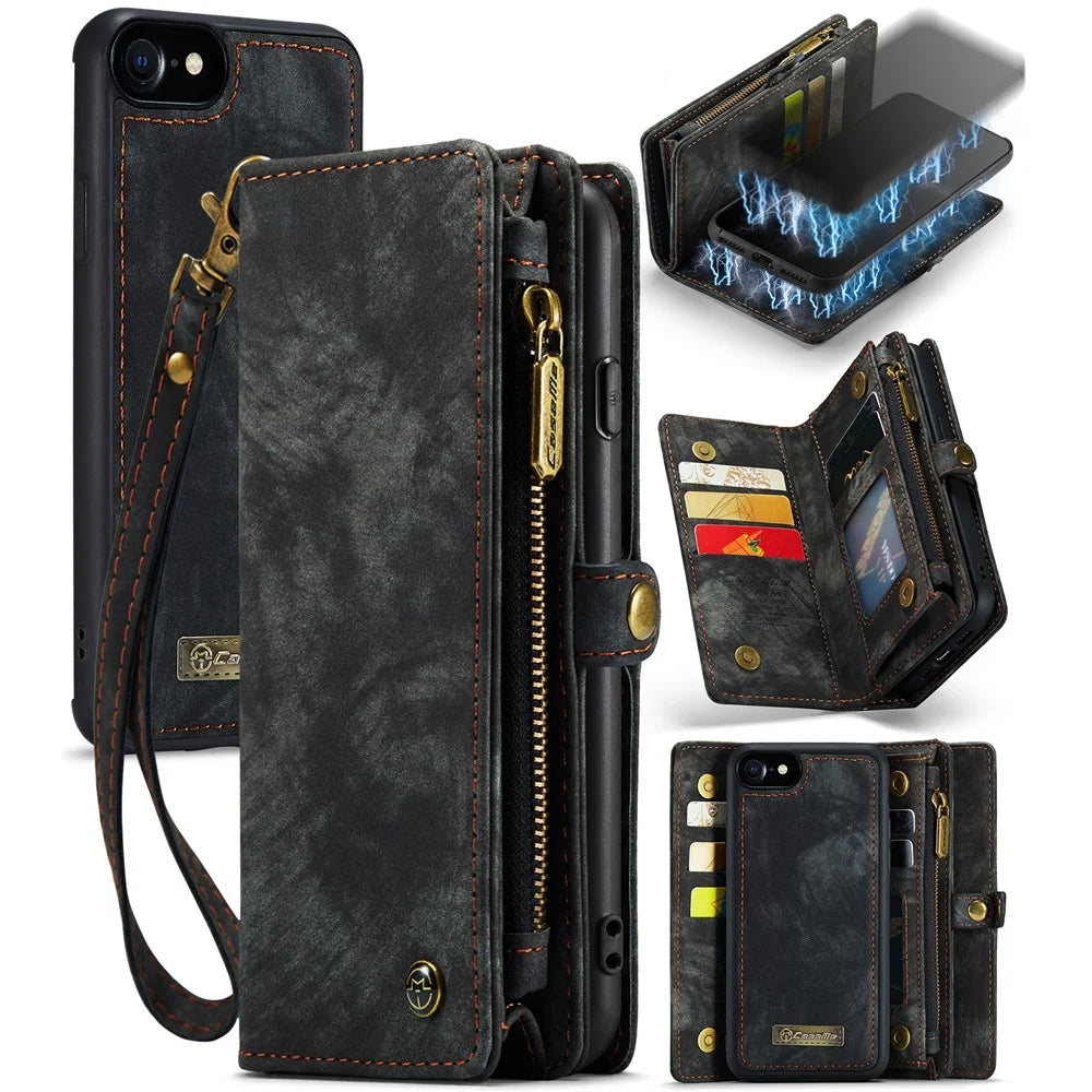 CASEME 008 Series for iPhone 6 / 6s / 7 / 8 4.7 inch / SE (2020) / (2022) PU Leather Zipper Pocket Case Detachable Phone Cover with Stand Wallet - Black - 1