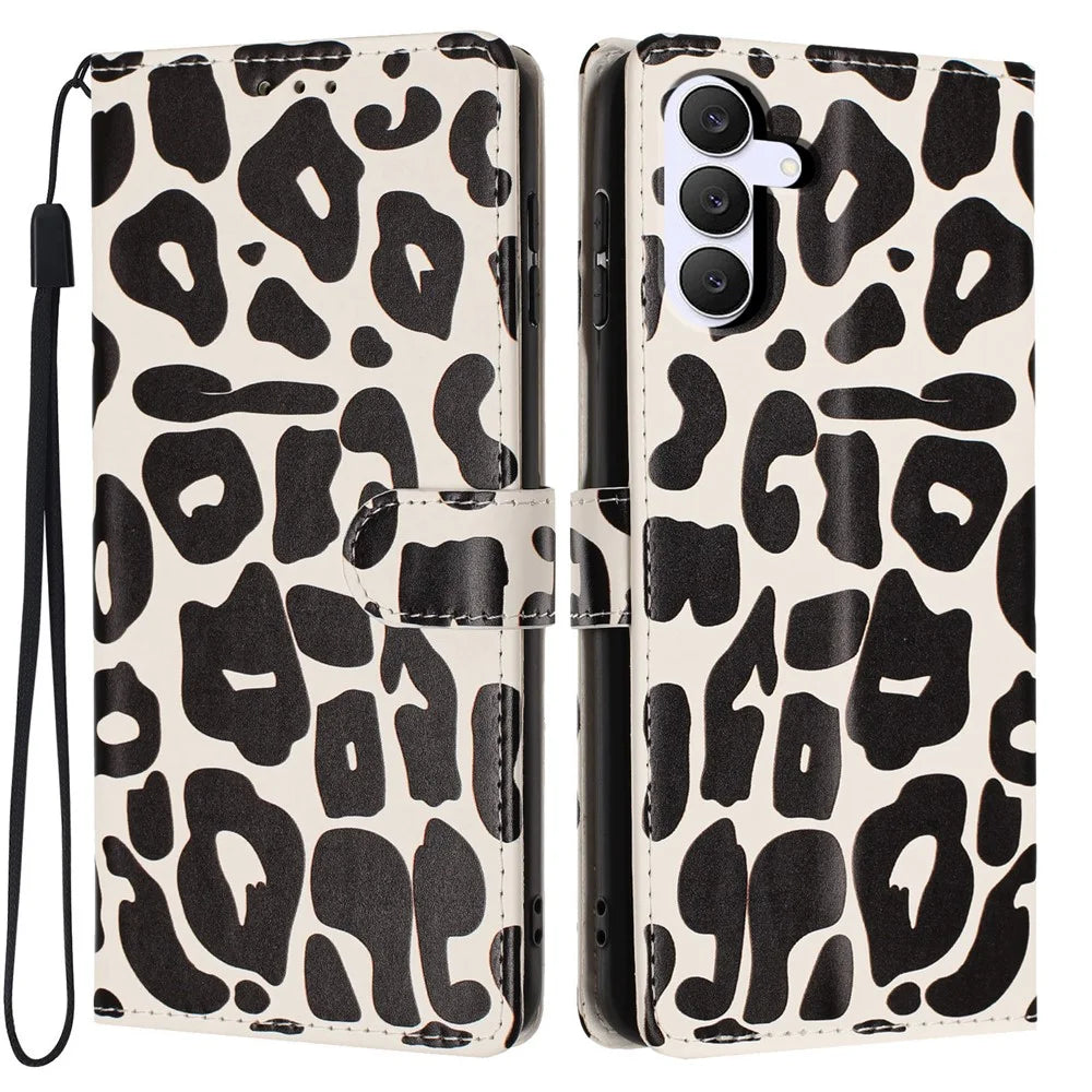 For Samsung Galaxy S25 FE Case Leopard Print Wallet Stand Flip Leather Phone Cover with Wrist Strap - Black - 1