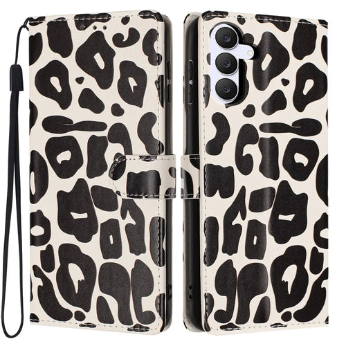 For Samsung Galaxy S25 FE Case Leopard Print Wallet Stand Flip Leather Phone Cover with Wrist Strap - Black - 1