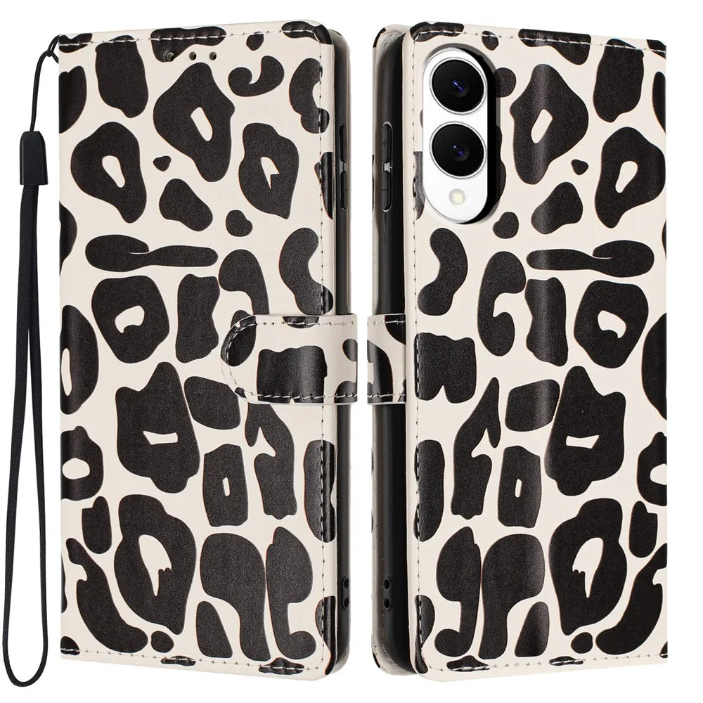 For Samsung Galaxy S25 Edge Case Leopard Print Wallet Stand Flip Leather Phone Cover with Wrist Strap - Black - 1