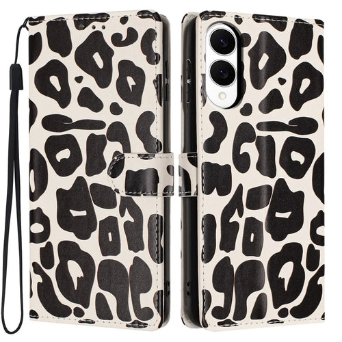 For Samsung Galaxy S25 Edge Case Leopard Print Wallet Stand Flip Leather Phone Cover with Wrist Strap - Black - 1