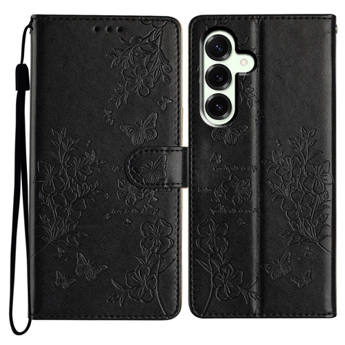 For Samsung Galaxy A18 4G Wallet Phone Case Butterfly Floral Imprint Leather Flip Cover with Strap - Black - 1