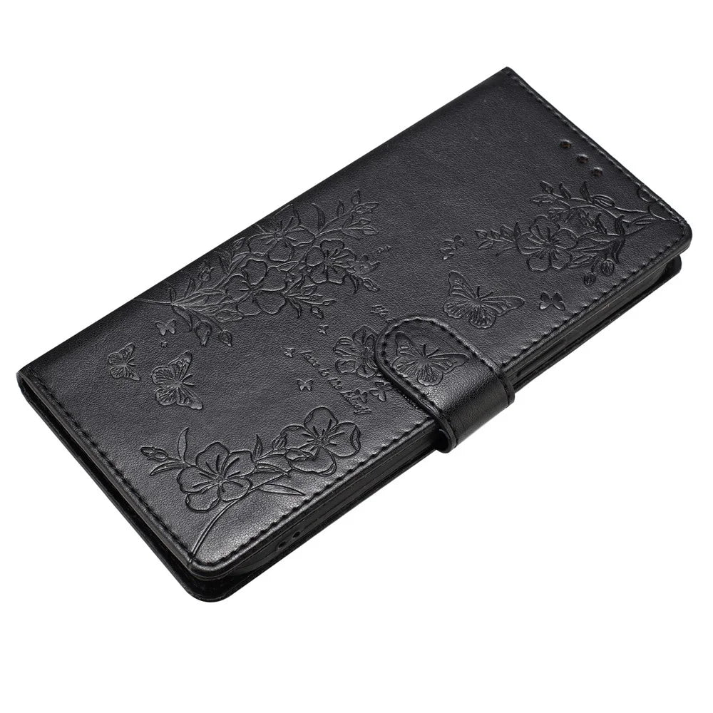 For Samsung Galaxy A18 4G Wallet Phone Case Butterfly Floral Imprint Leather Flip Cover with Strap - Black - 4