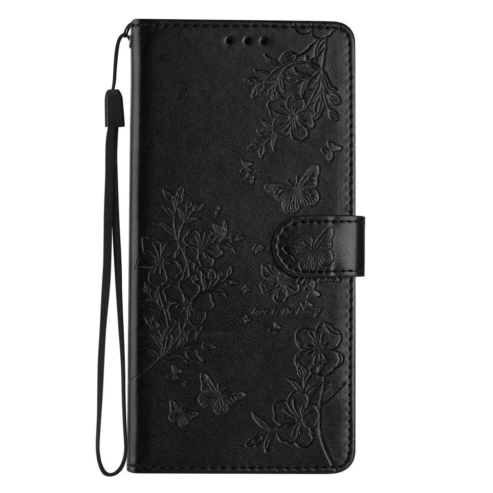 For Samsung Galaxy A18 4G Wallet Phone Case Butterfly Floral Imprint Leather Flip Cover with Strap - Black - 6