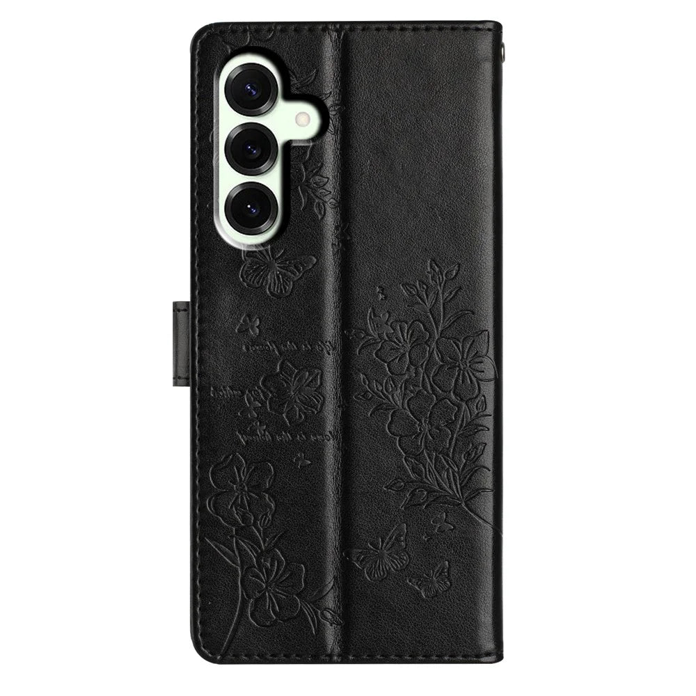 For Samsung Galaxy A18 4G Wallet Phone Case Butterfly Floral Imprint Leather Flip Cover with Strap - Black - 7