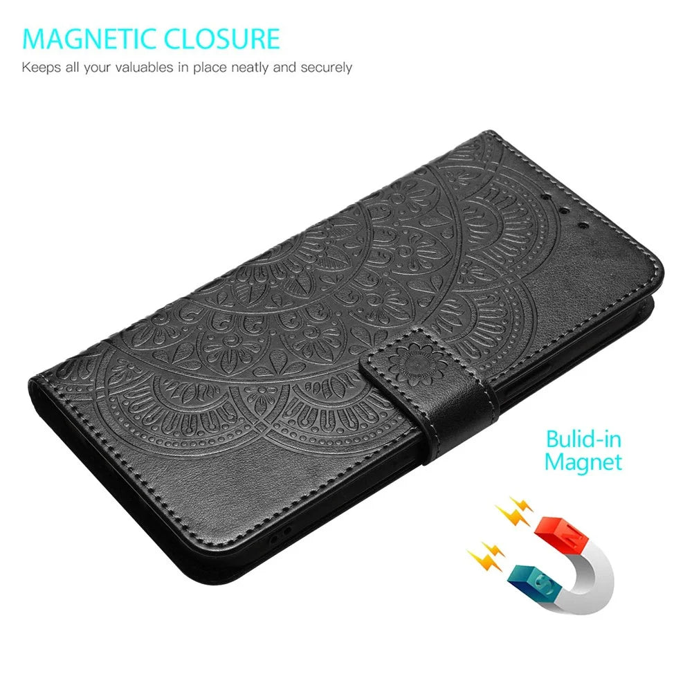 For Samsung Galaxy A18 4G Leather Case Stand Card Slots Mandala Pattern Phone Cover with Wrist Strap - Black - 4