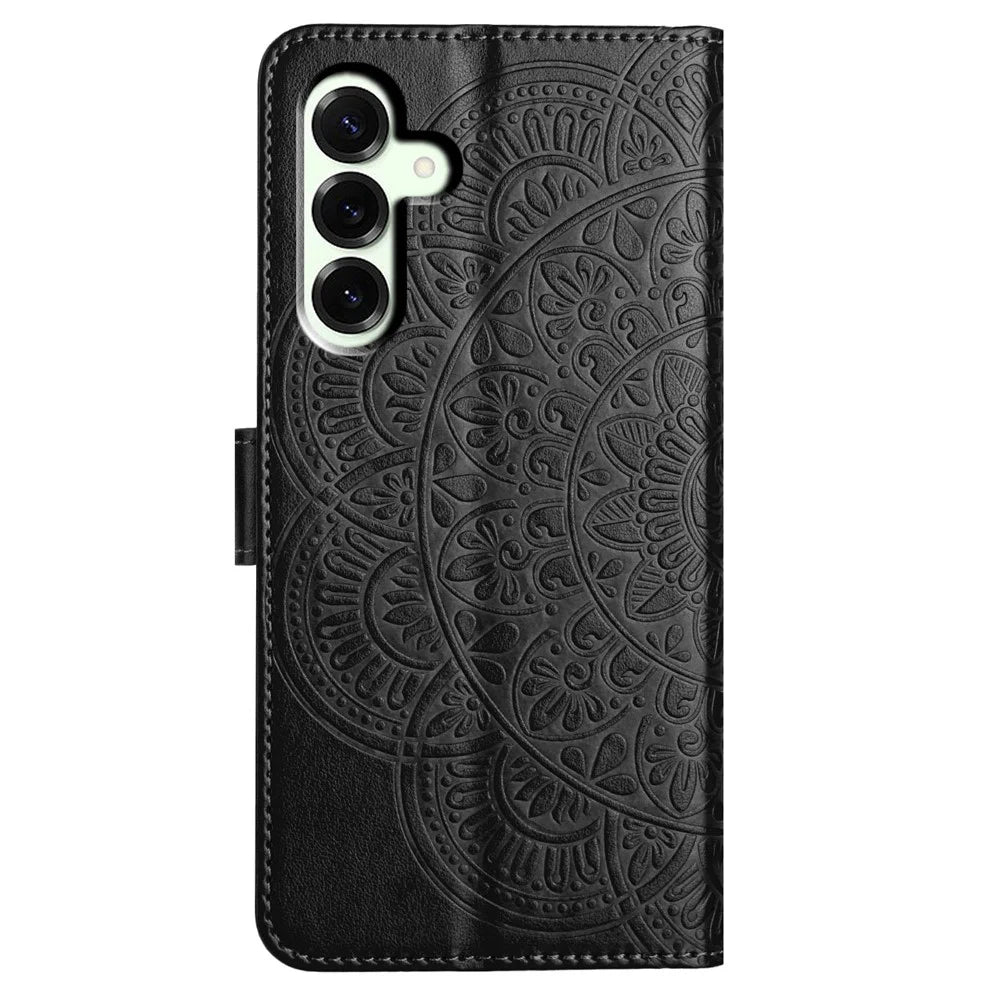 For Samsung Galaxy A18 4G Leather Case Stand Card Slots Mandala Pattern Phone Cover with Wrist Strap - Black - 7