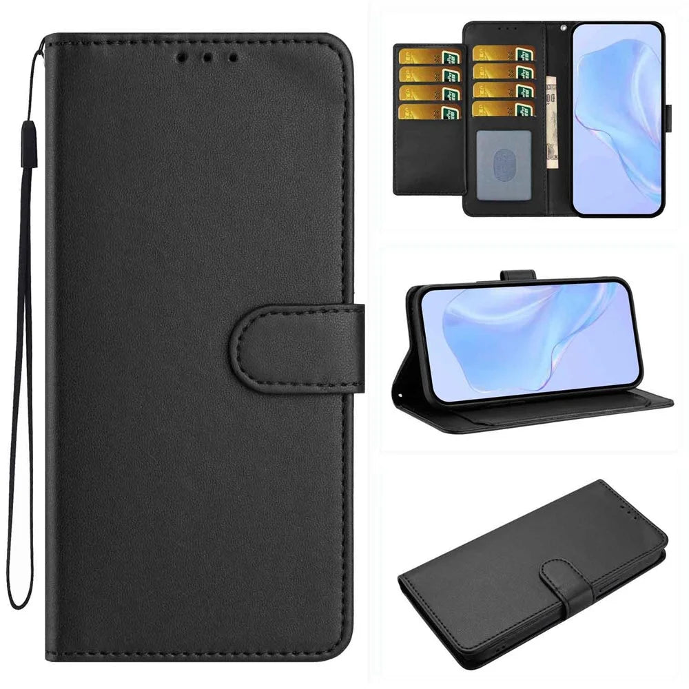 For Samsung Galaxy A18 4G Wallet Case with Strap  /  Multiple Card Slots Solid Color Leather Stand Phone Cover - Black - 6