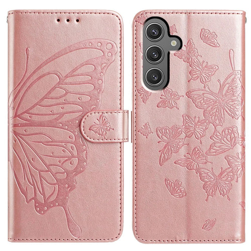 For Samsung Galaxy A18 4G Case Butterfly Imprinted Wallet Stand PU Leather Flip Phone Cover with Strap - Rose Gold - 1