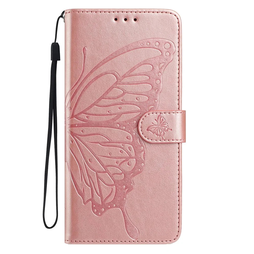 For Samsung Galaxy A18 4G Case Butterfly Imprinted Wallet Stand PU Leather Flip Phone Cover with Strap - Rose Gold - 4