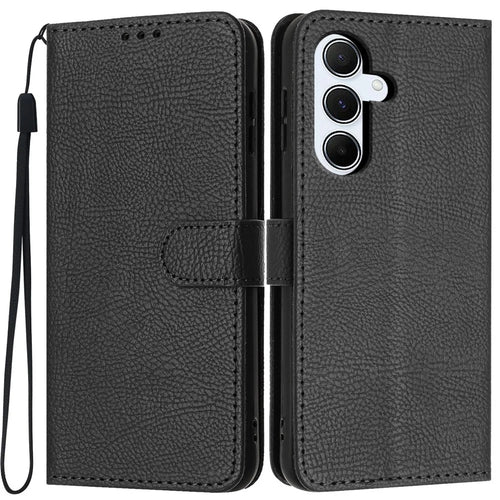 For Samsung Galaxy A18 4G Wallet Case Litchi Texture Leather Flip Cover with Card Slots and Hand Strap - Black - 1