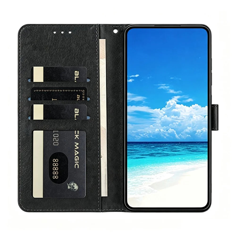 For Samsung Galaxy A18 4G Wallet Case Litchi Texture Leather Flip Cover with Card Slots and Hand Strap - Black - 3