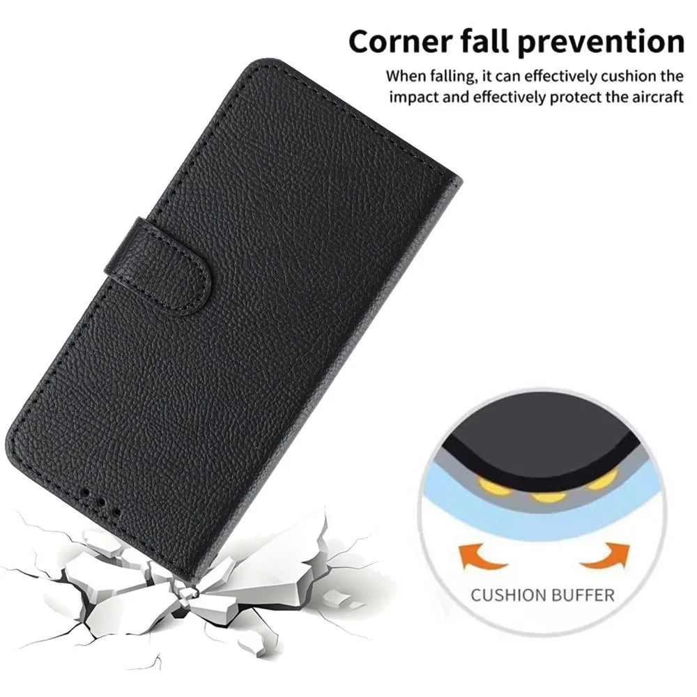 For Samsung Galaxy A18 4G Wallet Case Litchi Texture Leather Flip Cover with Card Slots and Hand Strap - Black - 6