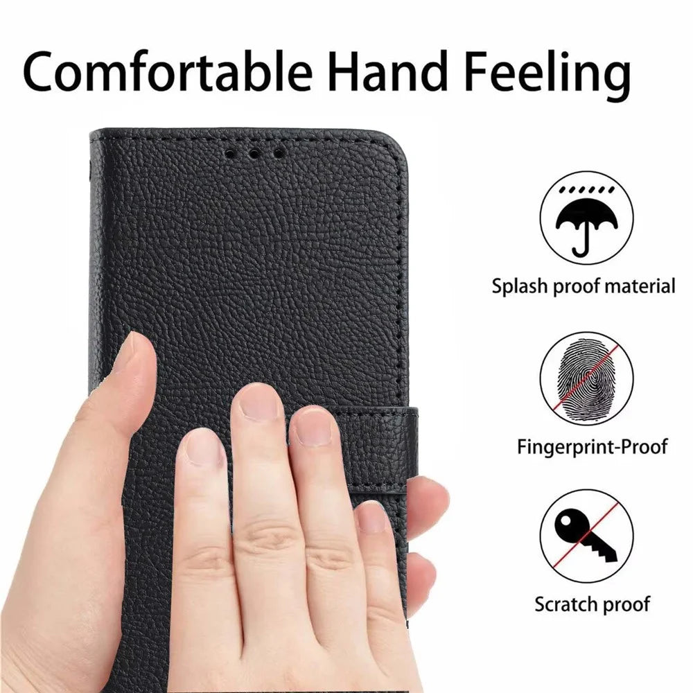 For Samsung Galaxy A18 4G Wallet Case Litchi Texture Leather Flip Cover with Card Slots and Hand Strap - Black - 7