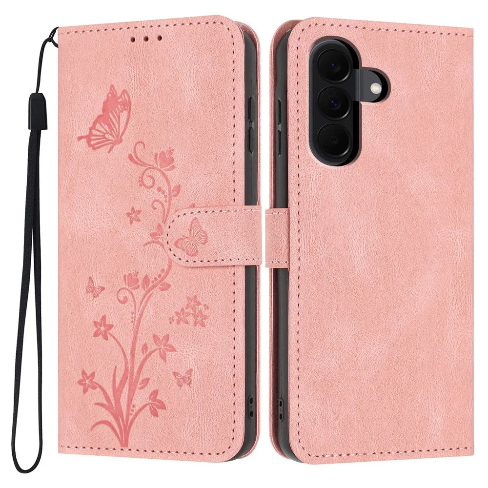 For Samsung Galaxy A18 4G Wallet Case Butterfly Flower Imprint PU Leather Phone Cover with Wrist Strap - Pink - 1