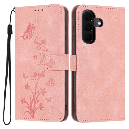 For Samsung Galaxy A18 4G Wallet Case Butterfly Flower Imprint PU Leather Phone Cover with Wrist Strap - Pink - 1