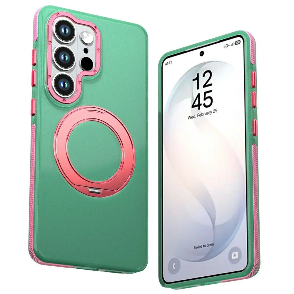 For Samsung Galaxy S24 Ultra Case Rotating Kickstand Contrasting Color Design PC + TPU Phone Cover - Green - 1