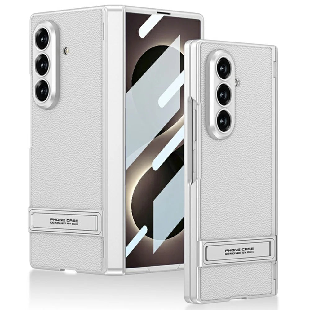 GKK for Samsung Galaxy Z Fold8 Ultra Case Kickstand PU Leather + PC Phone Cover with Tempered Glass Film - Silver - 1