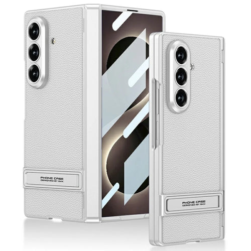 GKK for Samsung Galaxy Z Fold8 Ultra Case Kickstand PU Leather + PC Phone Cover with Tempered Glass Film - Silver - 1