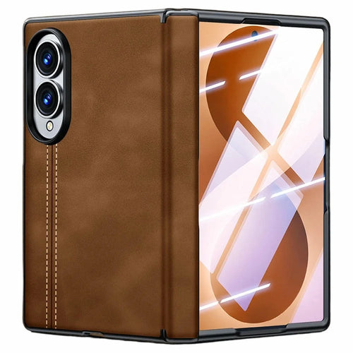 For Samsung Galaxy Z Fold8 Case Hinge Protection Leather + PC Phone Cover with HD Clear Tempered Glass Film - Brown - 1