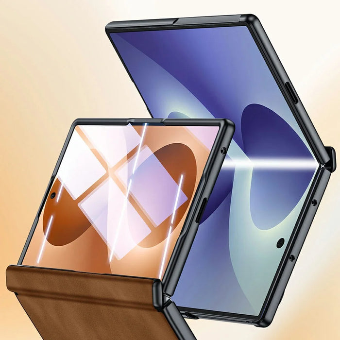 For Samsung Galaxy Z Fold8 Case Hinge Protection Leather + PC Phone Cover with HD Clear Tempered Glass Film - Brown - 3
