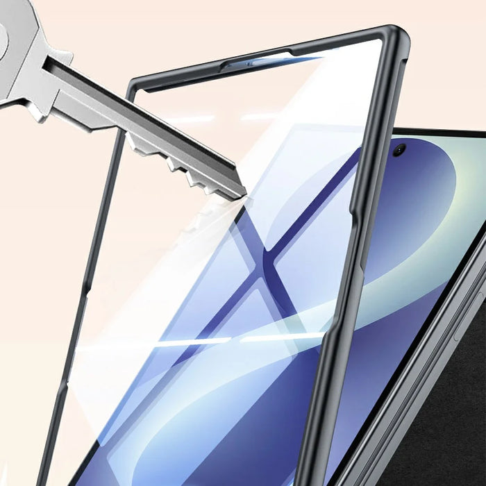 For Samsung Galaxy Z Fold8 Case Hinge Protection Leather + PC Phone Cover with HD Clear Tempered Glass Film - Brown - 4