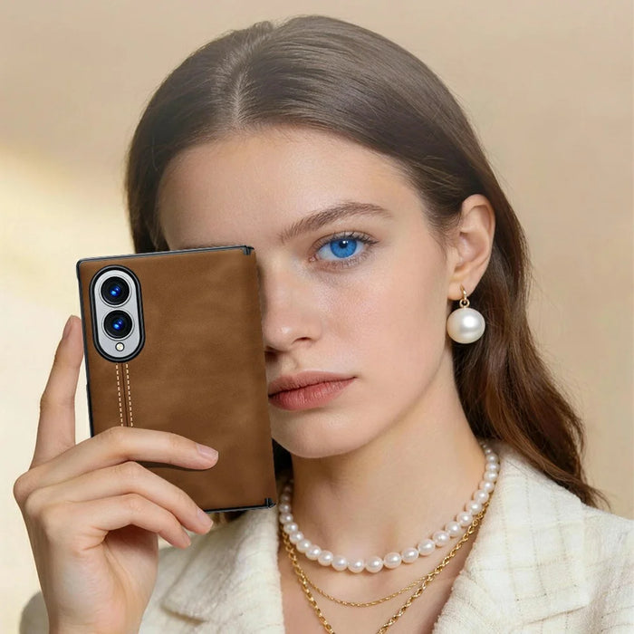 For Samsung Galaxy Z Fold8 Case Hinge Protection Leather + PC Phone Cover with HD Clear Tempered Glass Film - Brown - 7