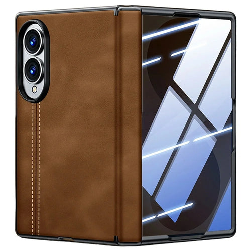For Samsung Galaxy Z Fold8 Case Hinge Protection Leather + PC Phone Cover with Privacy Tempered Glass Film - Brown - 1