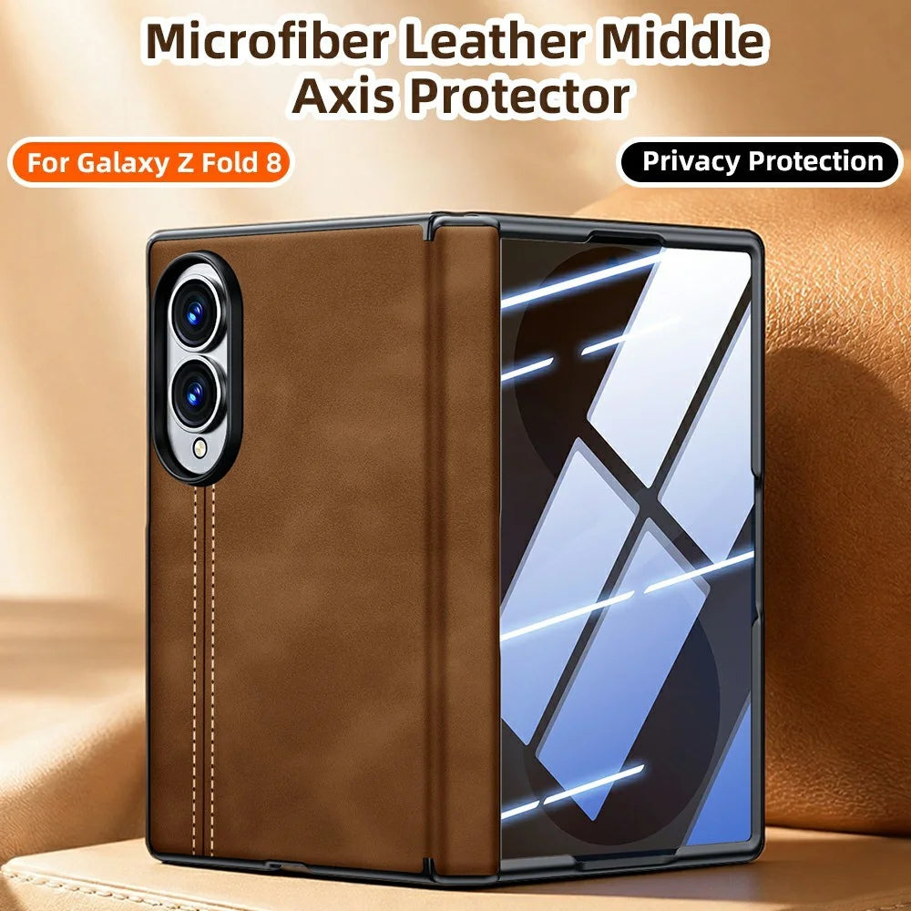 For Samsung Galaxy Z Fold8 Case Hinge Protection Leather + PC Phone Cover with Privacy Tempered Glass Film - Brown - 2