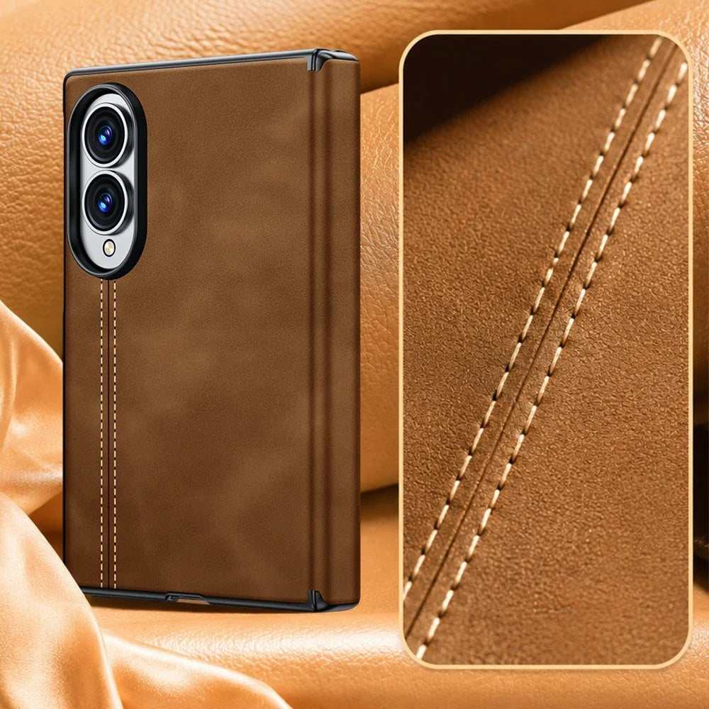 For Samsung Galaxy Z Fold8 Case Hinge Protection Leather + PC Phone Cover with Privacy Tempered Glass Film - Brown - 3