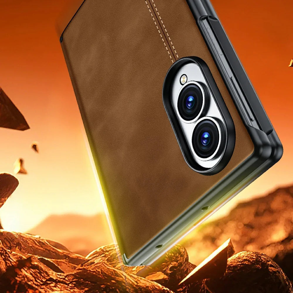 For Samsung Galaxy Z Fold8 Case Hinge Protection Leather + PC Phone Cover with Privacy Tempered Glass Film - Brown - 5