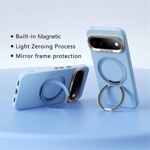 ABEEL For Google Pixel 11 Pro XL Magnetic Case Ring Kickstand Liquid Silicone Feel PC Phone Cover - Sky Blue - 2
