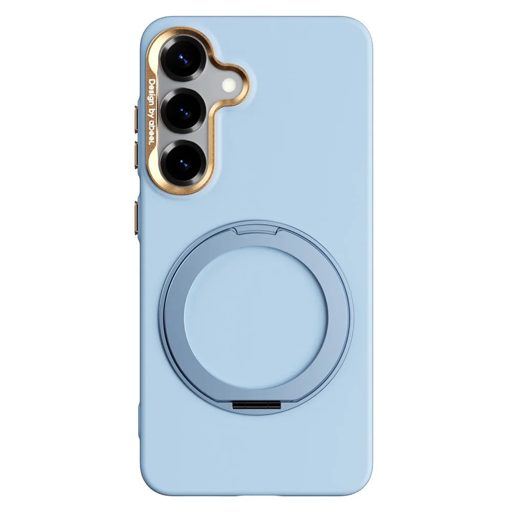 ABEEL For Samsung Galaxy S25 Magnetic Case Ring Kickstand Liquid Silicone Feel PC Phone Cover - Sky Blue - 1