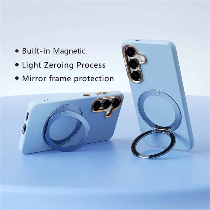 ABEEL For Samsung Galaxy S25 Magnetic Case Ring Kickstand Liquid Silicone Feel PC Phone Cover - Sky Blue - 2
