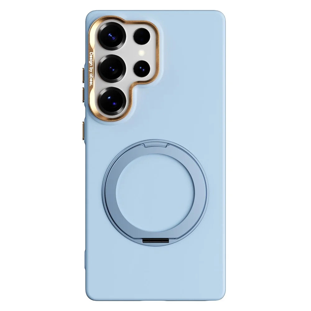 ABEEL For Samsung Galaxy S25 Ultra Magnetic Case Ring Kickstand Liquid Silicone Feel PC Phone Cover - Sky Blue - 1