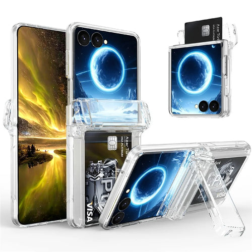 For Samsung Galaxy Z Flip8 Case Hinge Kickstand Hard PC Phone Cover with Card Slots - Transparent - 1