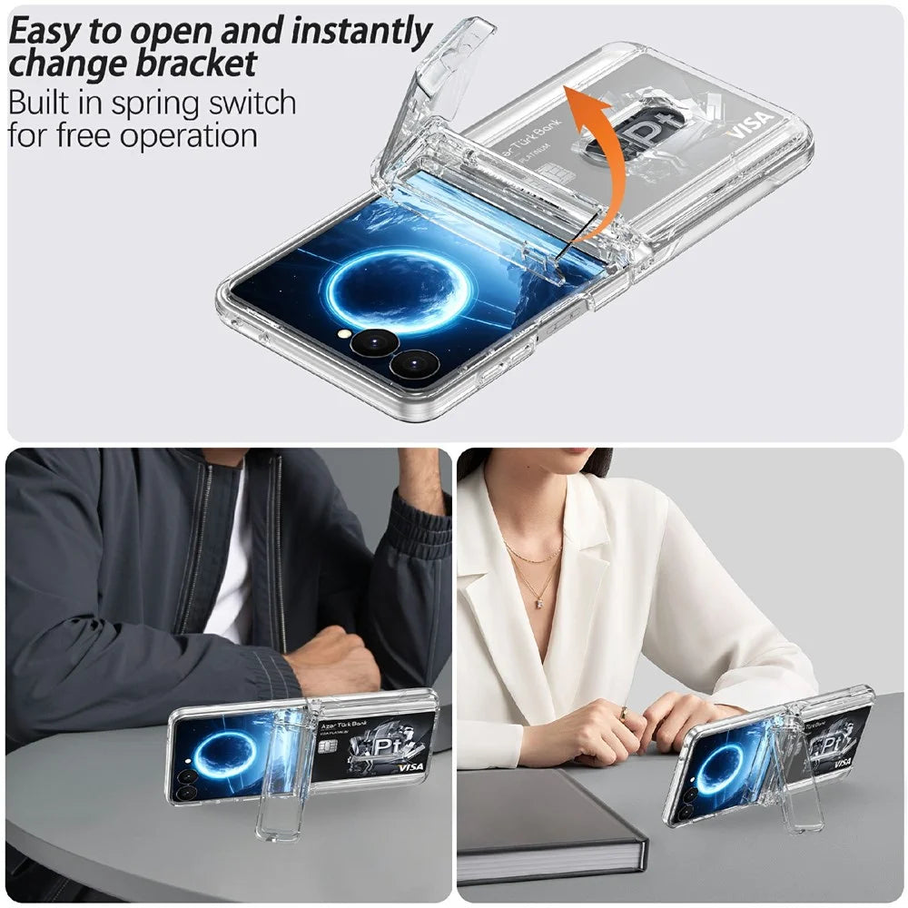 For Samsung Galaxy Z Flip8 Case Hinge Kickstand Hard PC Phone Cover with Card Slots - Transparent - 3