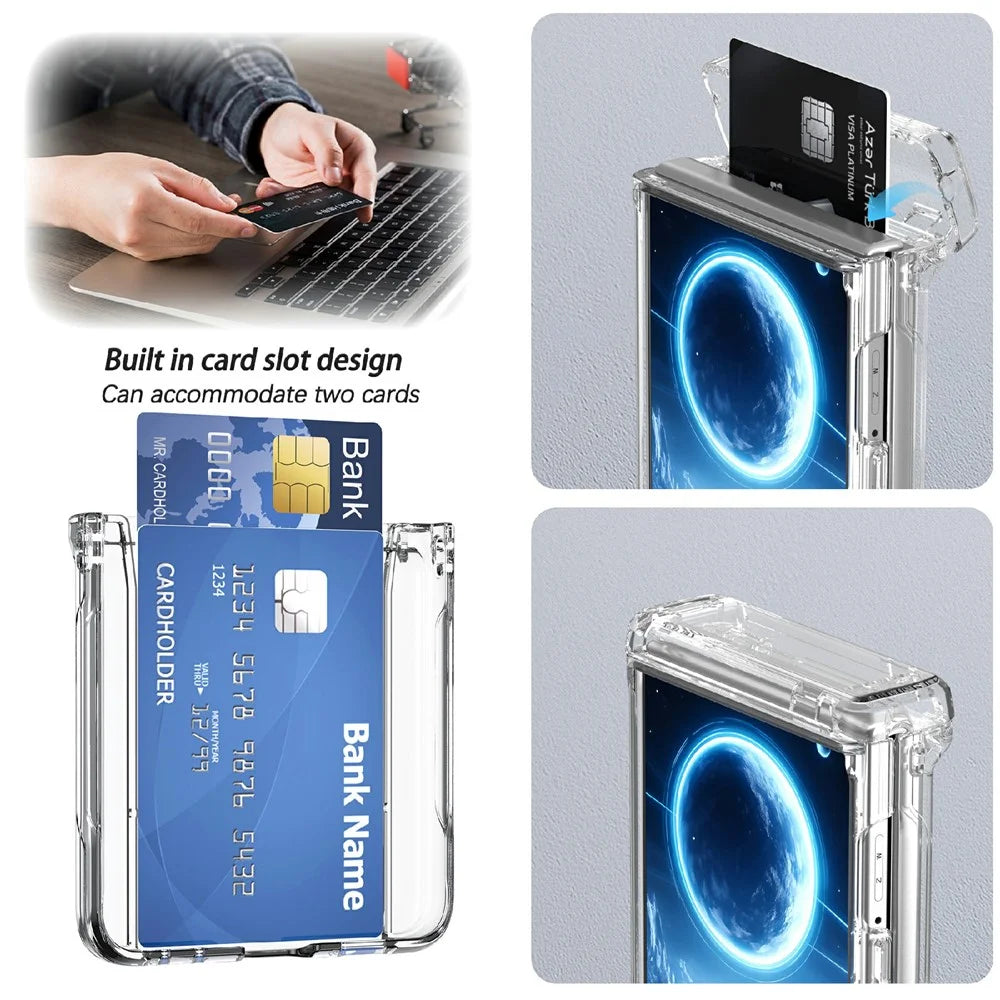 For Samsung Galaxy Z Flip8 Case Hinge Kickstand Hard PC Phone Cover with Card Slots - Transparent - 4