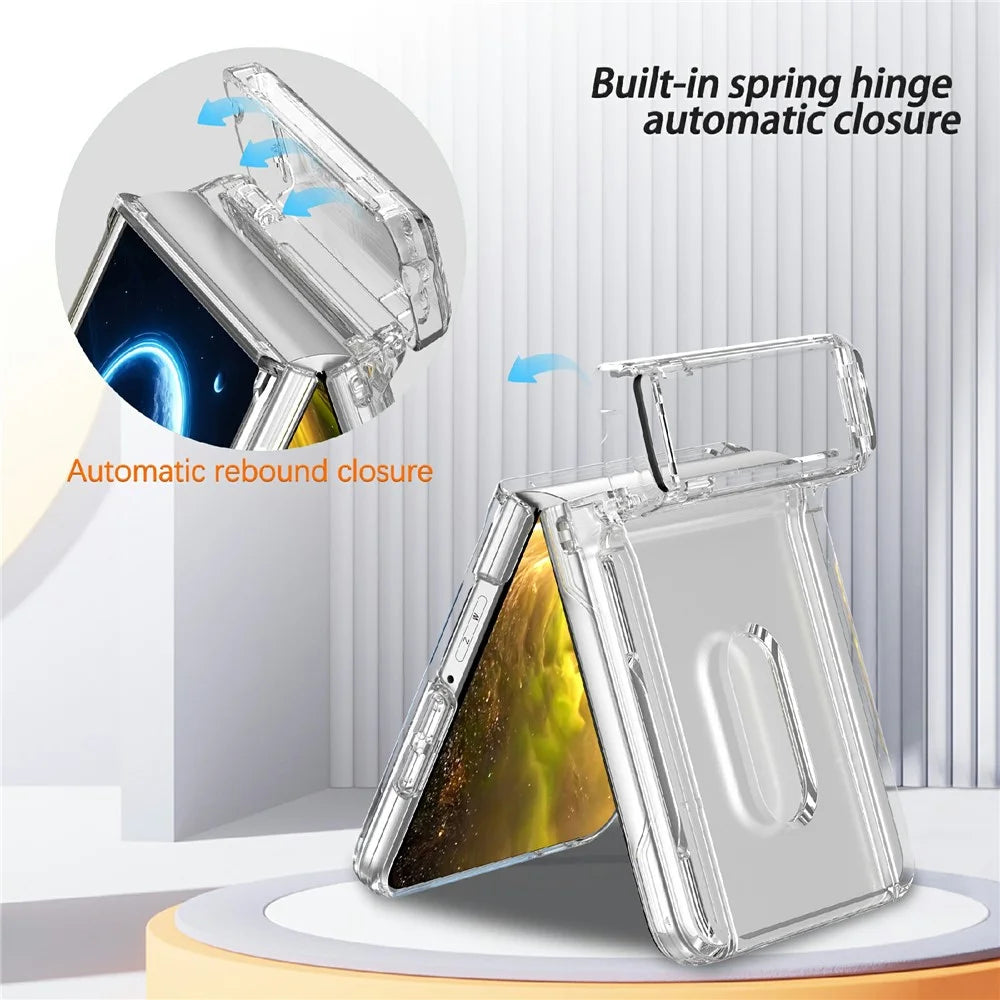 For Samsung Galaxy Z Flip8 Case Hinge Kickstand Hard PC Phone Cover with Card Slots - Transparent - 5
